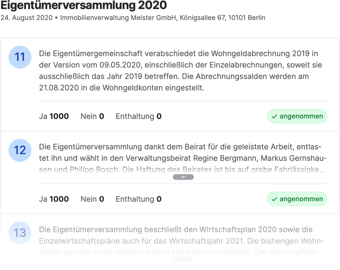 Übersicht von Beschlüssen einer Eigentümerversammlung