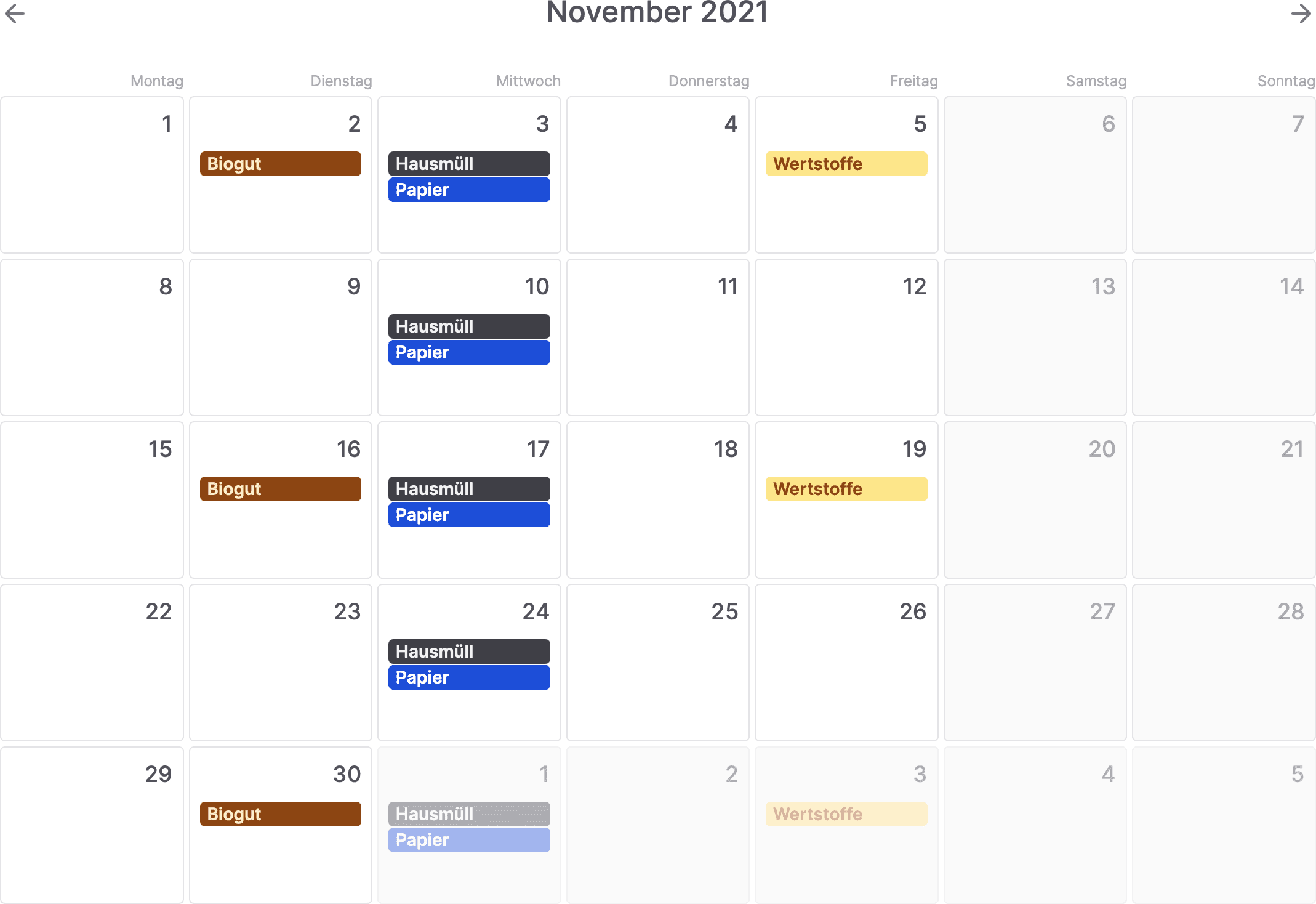 Abfuhrkalender Monatsansicht